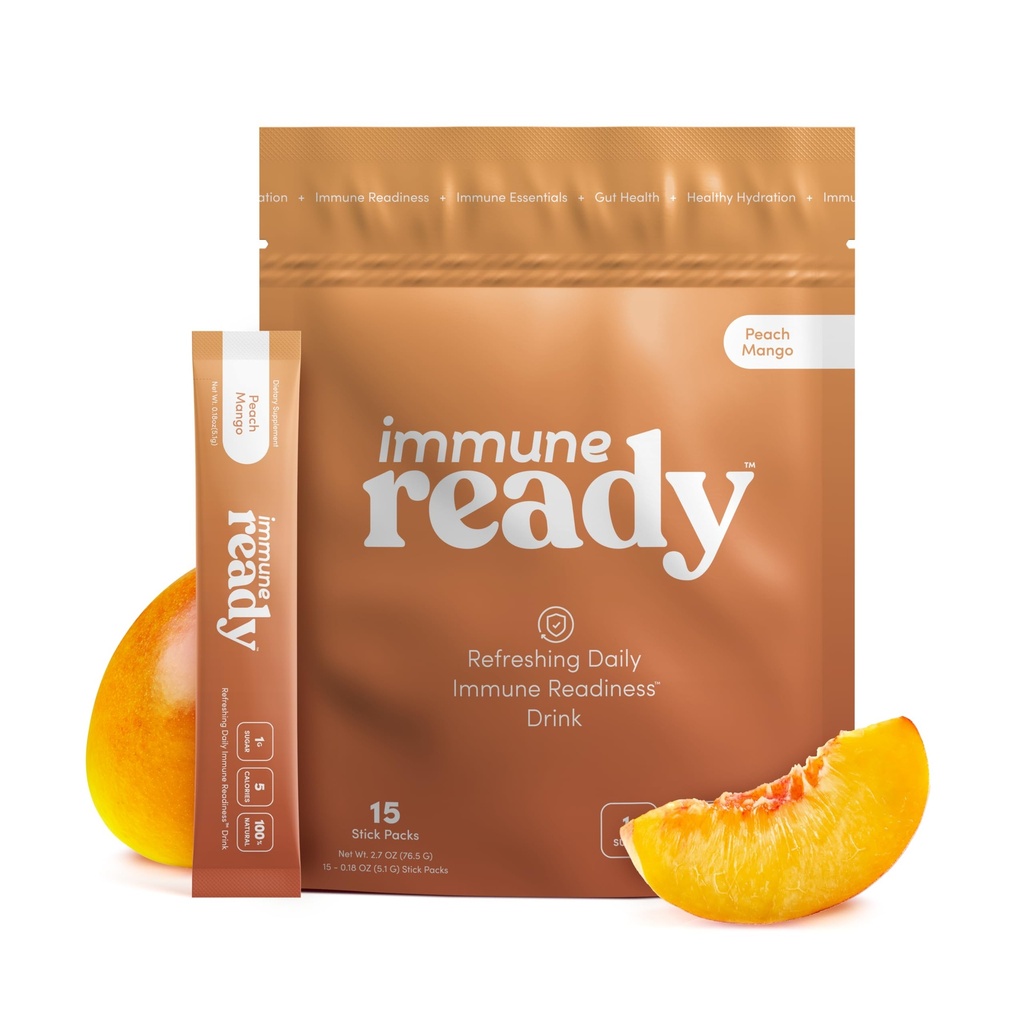Imune Ready ™ Electrolytes Powder Pawder - Imunity Boost Drink Mix with Vitamin C, Zinc Picolinate, Inulin Powder & Beta Glucan - Sugar- Free Peach-Mango, 15 Servings