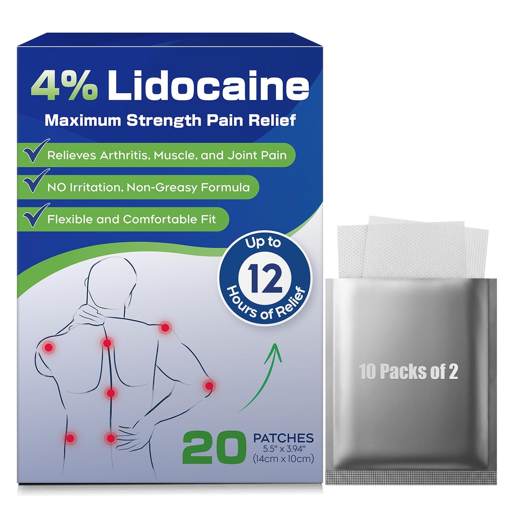 Upoiut 4% Lidocaine Patches, 20 Count Patches Maximum Power Lidocaine Patches (20 Patch), for Muscle Pain Relief in The Neck, Shoulders, Back, Knules, and Anks, 12 Hour Pain Relief-012345