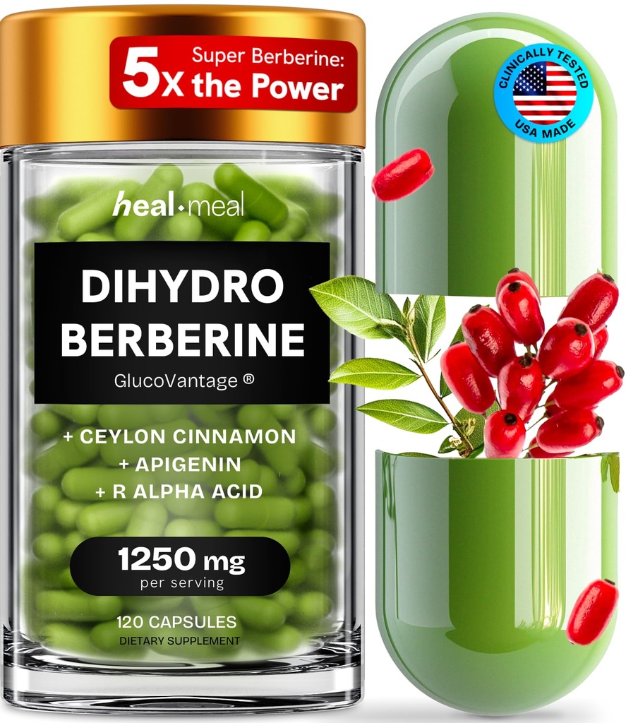Dihydroberberine Suplemen - Dehydro Berberine Organik - Super Berberine Suplemen dengan Ceylon Cinnamon & R Alpha Lipoic Acid & Apigenin - Hydroberberine 120 caps (1 Pack)