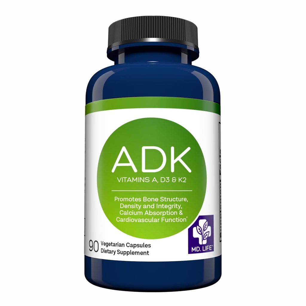 MD.LIFE ADK Vitamin Suplemen - Vitamin D3 K2 dan Kompleks - 120 Capsules - Potency Tinggi Vitamin ADK untuk Dukungan Hati dan Tulang