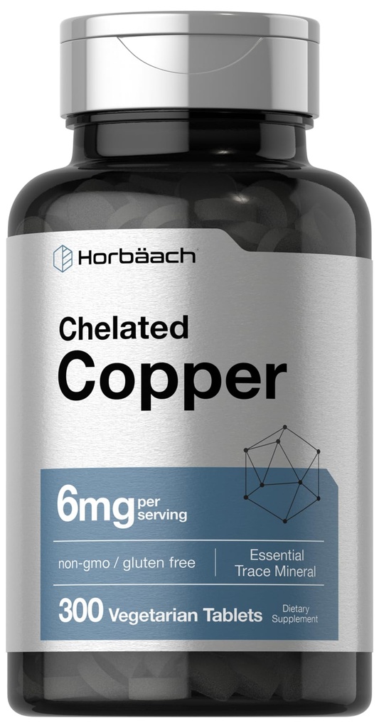 Horbäach Contated Copper Supplement 6mg 124; 300 Tablets 124; Esceral Trace Mineral 124; Vegetarian, Non- GMO, Gluten Free