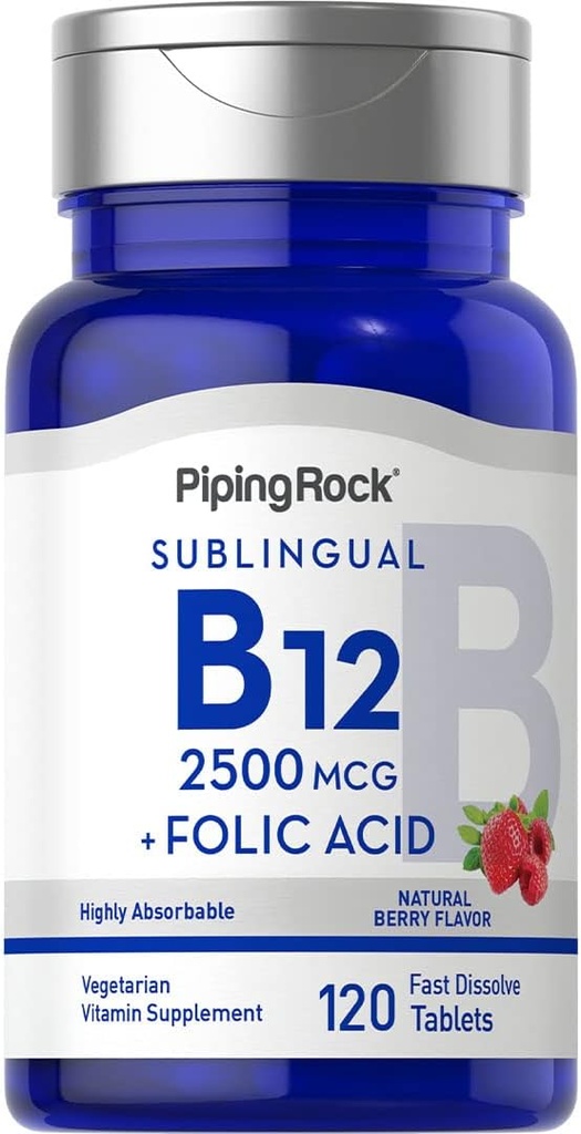 Piping Rock Vitamin B12 Sublingual 124; 2500 mcg 124; 120 Tablet 124; dengan Folic Acid 124; Suplemen Perempuan dan Pria 124; Berry Flavor 124; Vegetarian, Non-GMO, Gluten Free
