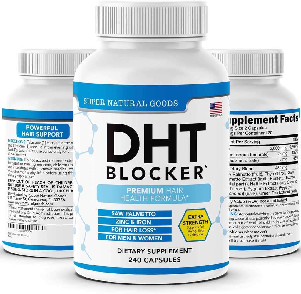 DHT Blocker - Perkembangan Rambut untuk Penincian Genetik untuk Pria & Perempuan - Membantu Kehilangan Rambut & Stimulasi Perkembangan Follikel dengan Saw Palmetto, Biotin & Besi - Perkembangan Bunga Pills