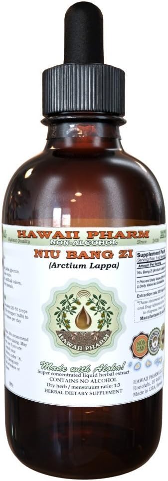 NIU Bang Zi Alcohol-Free Liquid Extract, NIU Bang Zi, Burdock (Artium Lappa) Benih Glycerite Natural Herbal Supplemen, Hawaii Pharm, USA 2 f.oz