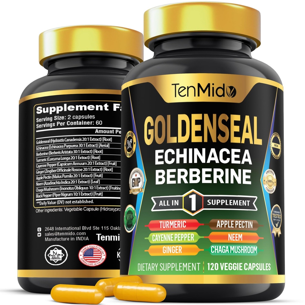 Goldenseal Root Suplemen - 10in1 Formula - Combine dengan Echinacea, Berine, Turmeric, Cayenne Pepper, Ginger, Apple Pectin, Neem, & More - Digetical Health Support 120 Capsules