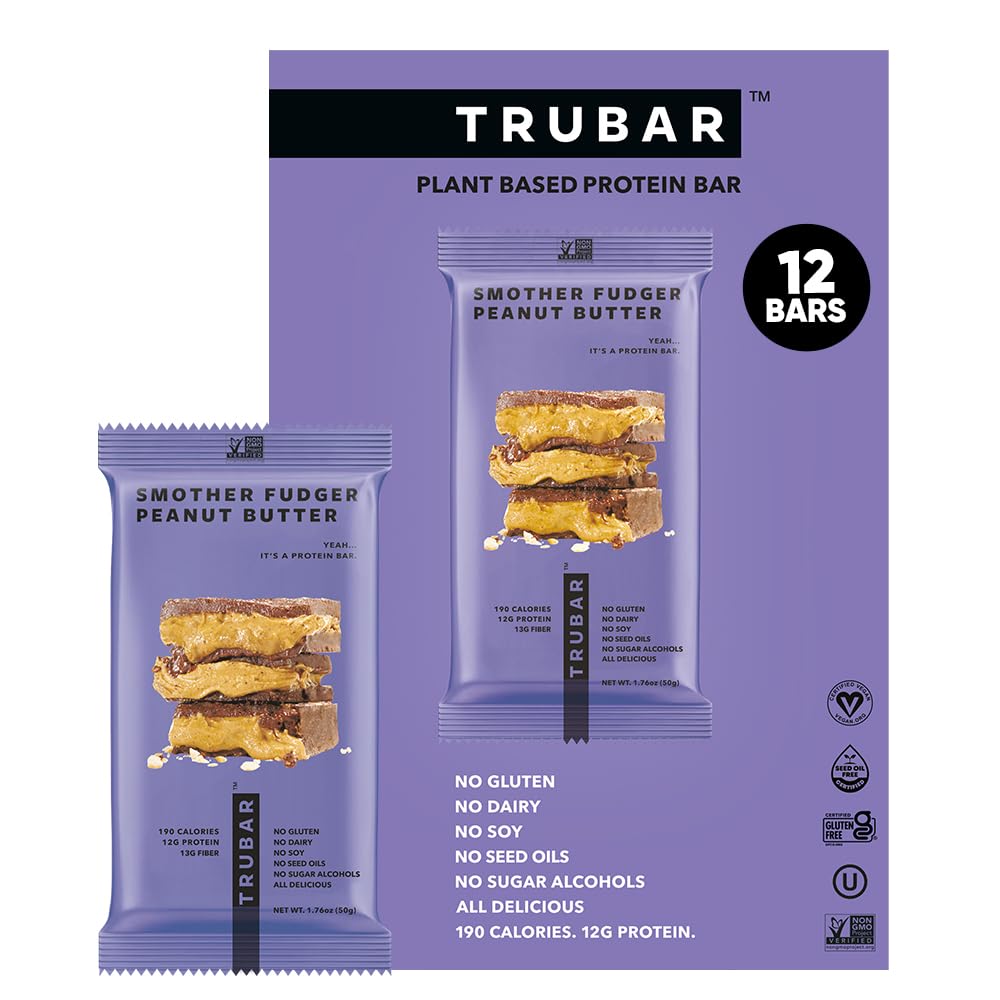 TRUBAR Vegan Protein Bars - Smother Fudger Peanut Butter, Soy Free, Dairy Free, Gluten Free Protein Bars - No Sugar Alcohols - Non-GMO - 12g Protein - 12 Count