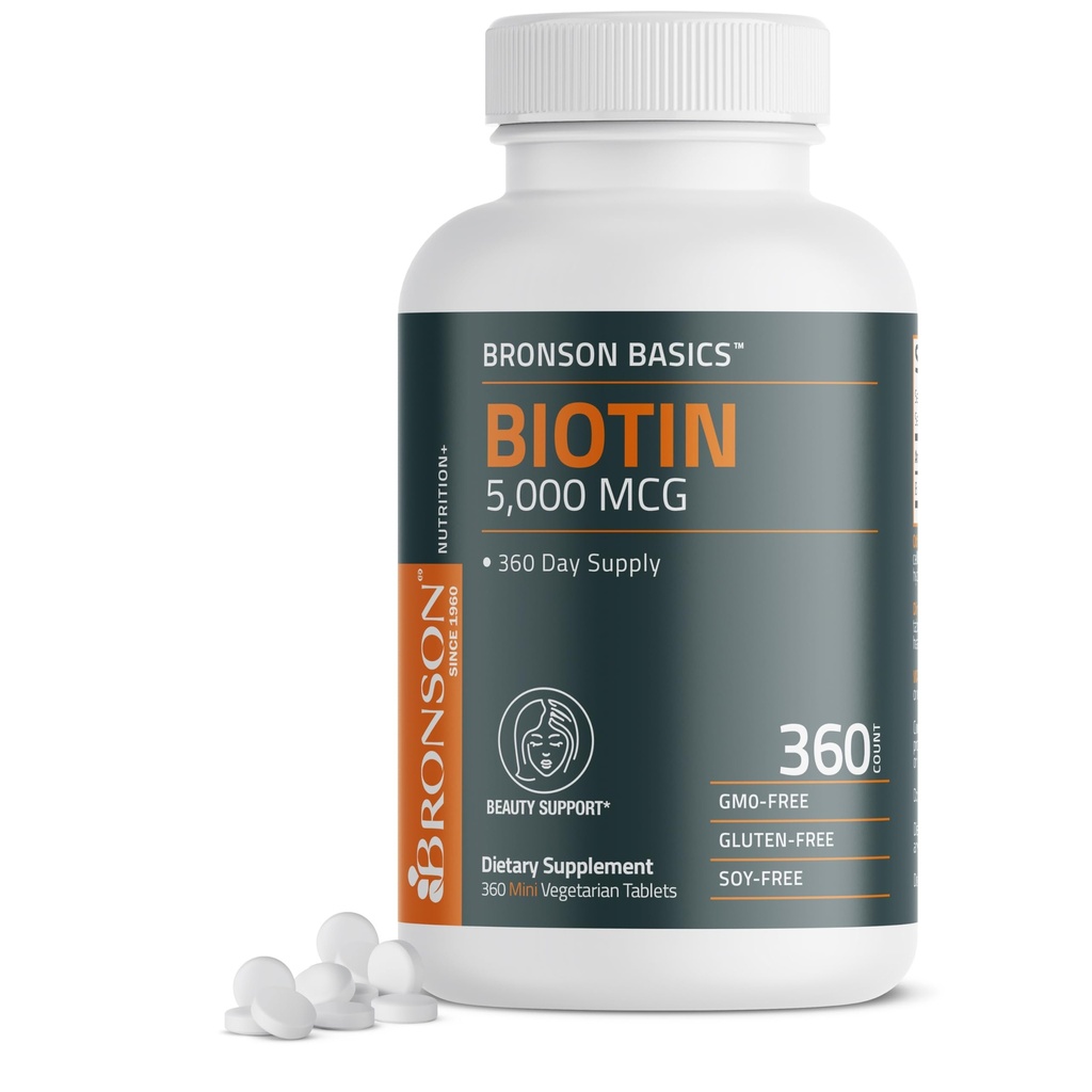 Bronson Biotin 5.000 MCG Supports Heally Hair, Skin & Nails & Energy Production - High Potency Beauty Support - Non-GMO, 360 Vegetarian Tablet
