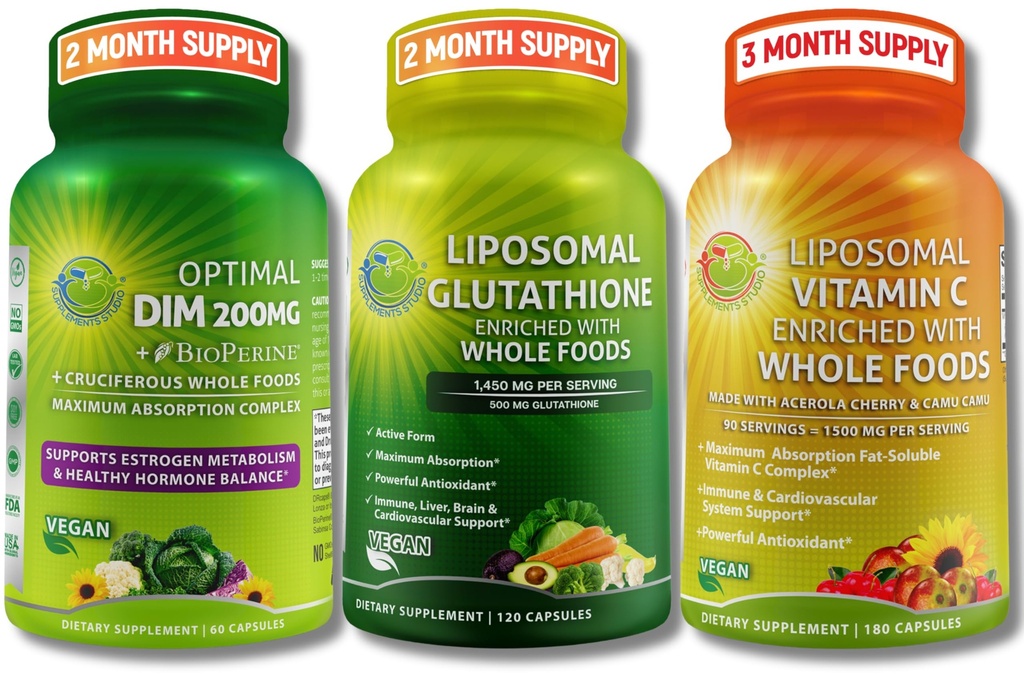Total kekebalan tubuh, Hormonal & Antioksidant Dukung Bundle for Women & Men - Lipomal Glutathione 500mg + Lipomal Vitamin C 1500mg + DiM 200mg dengan BioPerine ® & Cruciferous Whole Foods