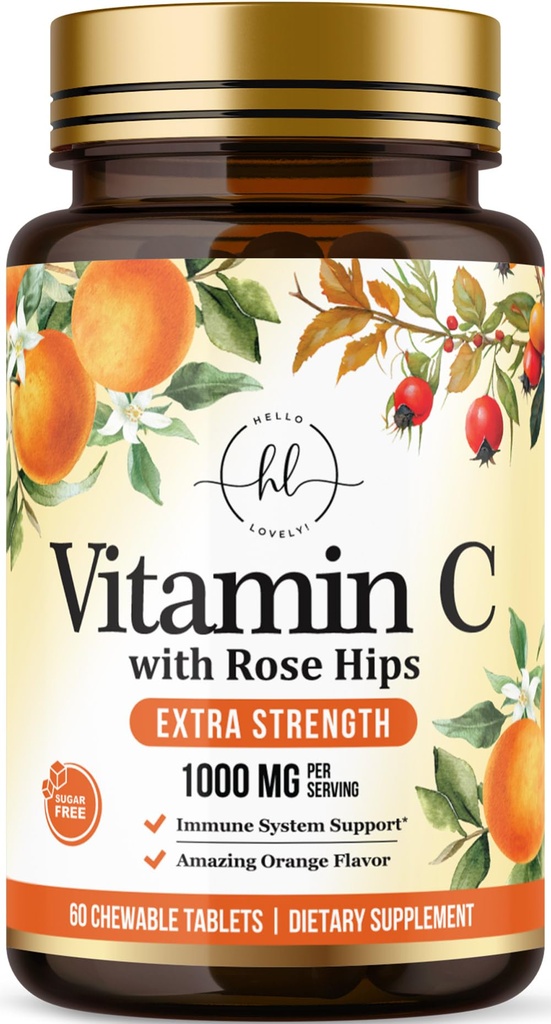 Vitamin C Supplemen 1000mg - Ekstra Kekuatan dengan Rose Hips Bioflavonoid - Sugar Free Vitamin C Pil Chewable, Alam Vit C untuk Dukungan Imune & Pelindung Antioksidant - 60 Tablet Chewable