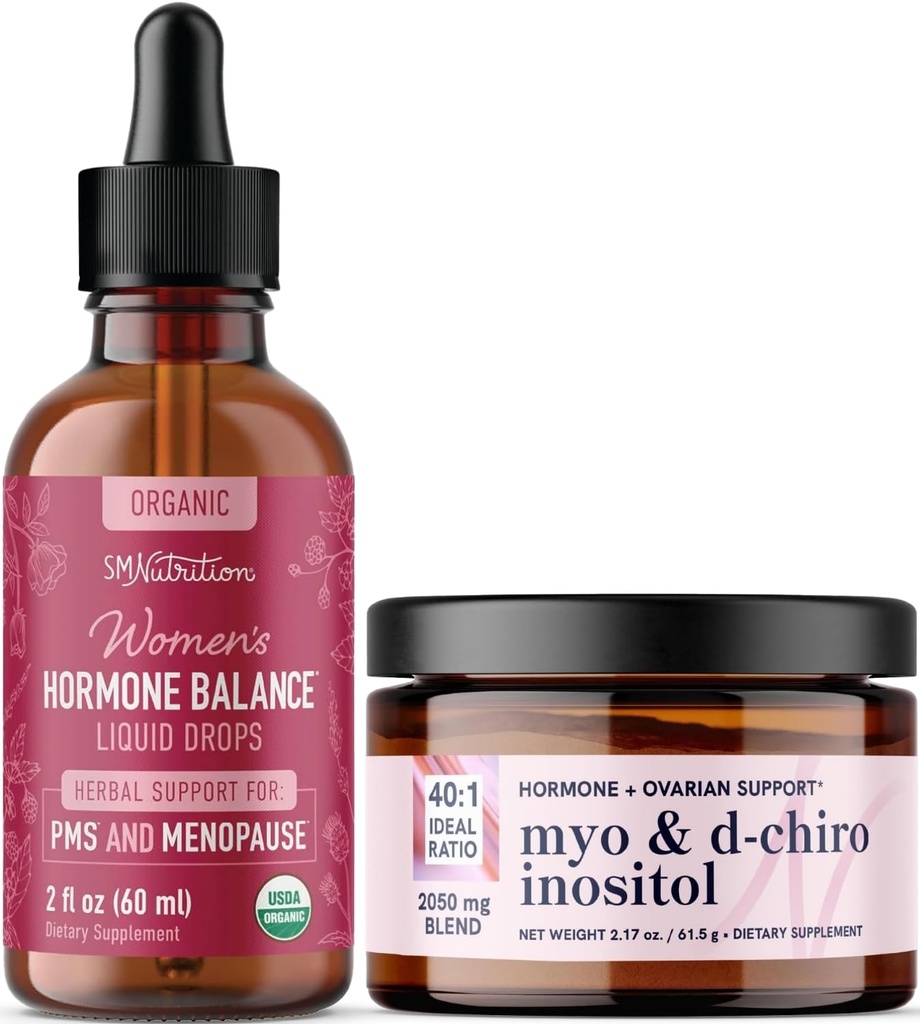 Kompleks Meositol Powder & Herbal Hormone Saldo Taincture 124; Hormone Balancing Bundle dengan Myo- Inositol & D- Chiro (30 Pelayan) dan PMS Menopause & Menstrual Dukungan Liquid (60 Pelayan)