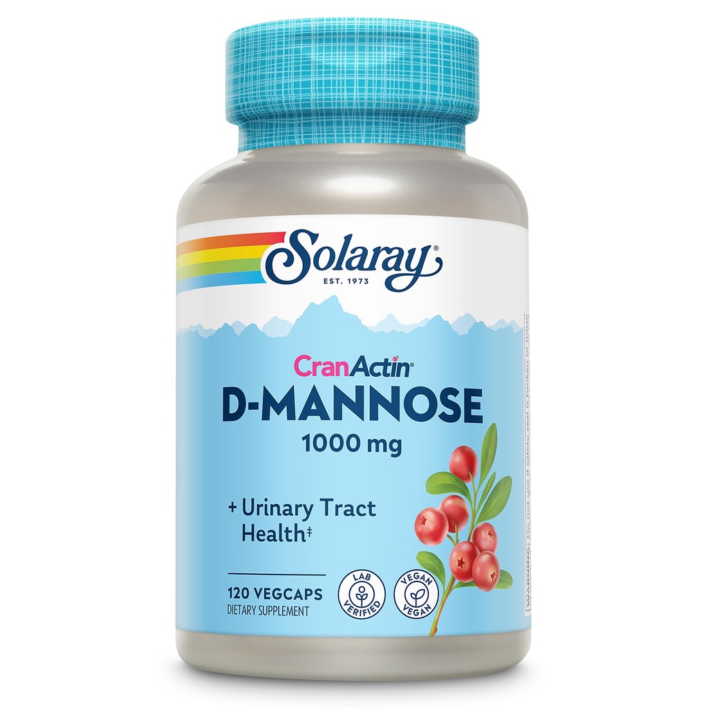 SOLARAY D-Mannose 1000mg dengan CranActin Cranberry Extract - D Mannose and Cranberry Suplement with Vitamin C - Supports Urinary Tract Health - Vegan, 60-Day Garansi