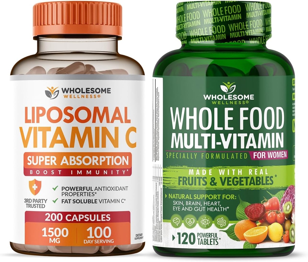 Whyesome Wellness Lipomal Vitamin C Capsules (200 Pills 1500mg Buffered) High Absorpsi VIT C + Whole Food Multivitamin for Women - Natural Multi Vitamin, Minetrals, Organik Extracts Bundle