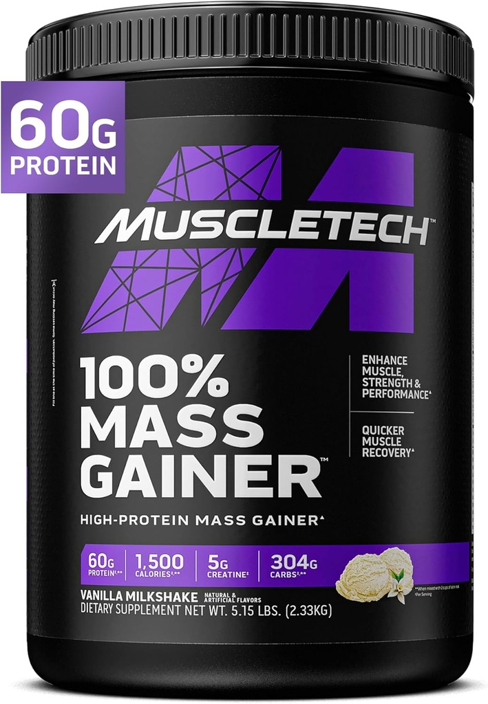 MuscleTech High Protein Mainer for Men & Women - Protein Powder Shakes for Weight Gain, Muscle Building & Recovery with Creatine Monohydrate - Vanilla Milkshake, 5.15 Pound