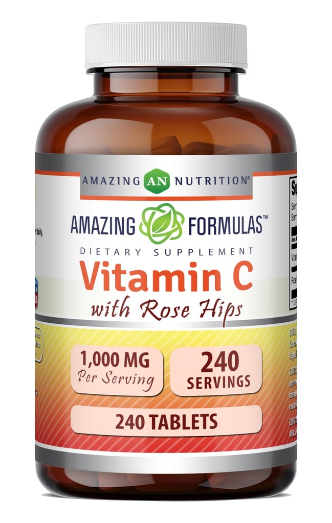 Amazing Formulas Vitamin C dengan Rose HIPS Tambahan 124; 1000 Mg 124; 240 Tablet 14; Non-GMO 124; Gluten-Free 124; Dibuat di AS