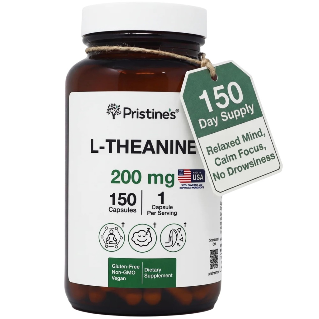 PRISTINE 'S L Theanine 200mg Suplemen Kapsul - Pihak Ke-3 Diuji Non GMO -150 Hari Supply - Relaxation & Sleep Quality Dukungan Kasules - Vegan, Fasilitas CGMP & Gluten Free Glass Botles