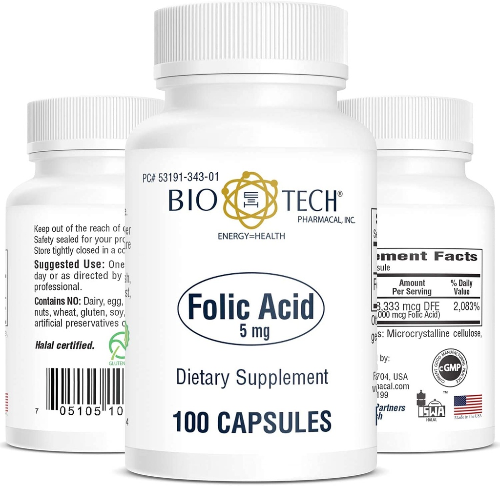 Bio- Tech Pharmacal Folic Acid (5mg, 100 Cacah)