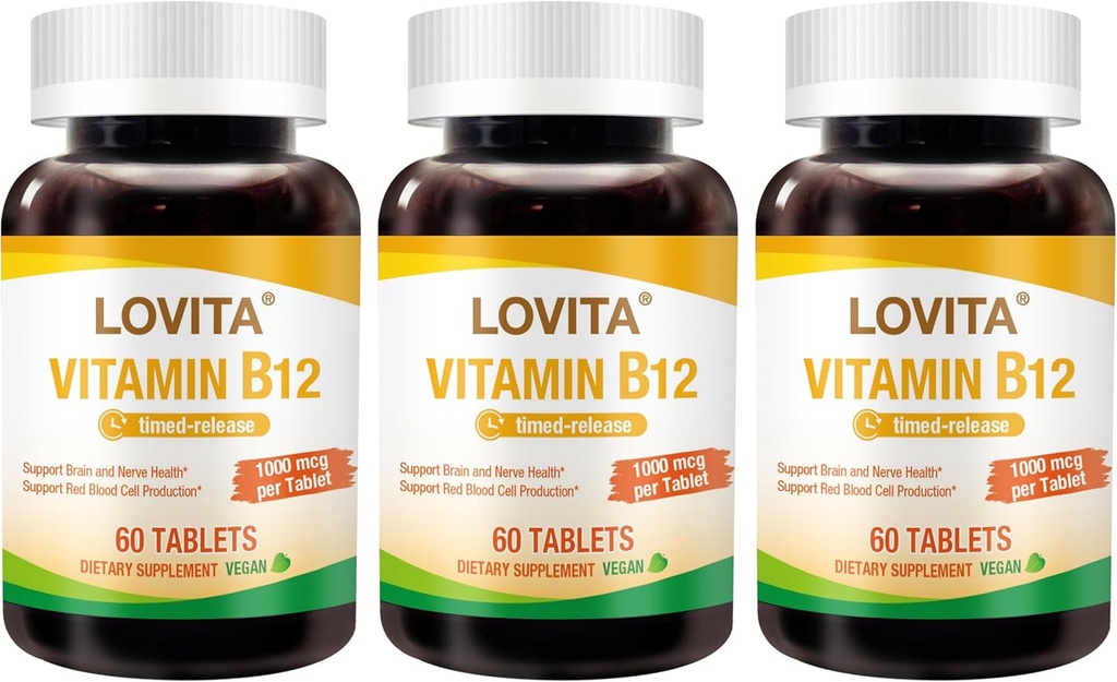 Lovita Vitamin B12 1000 mcg (B12 Vitamin sebagai Cyanocobalamin), Timoed Rilis B12, Vegan-Friendly, Supports Nervous System, 60 Vegetarian Tablet (2 Bulan Supply) (3)