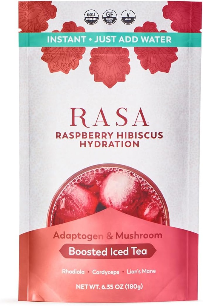 Raspa Raspberry Hibiscus Hydration: 124; Organic Boosted Iced Tea dengan Adaptogens dan Mushroom 124; Gluten- Bebas, Premium Electrolite Powder Minum Mix, Menyegarkan Hidration (6 oz / 24 Hamba)