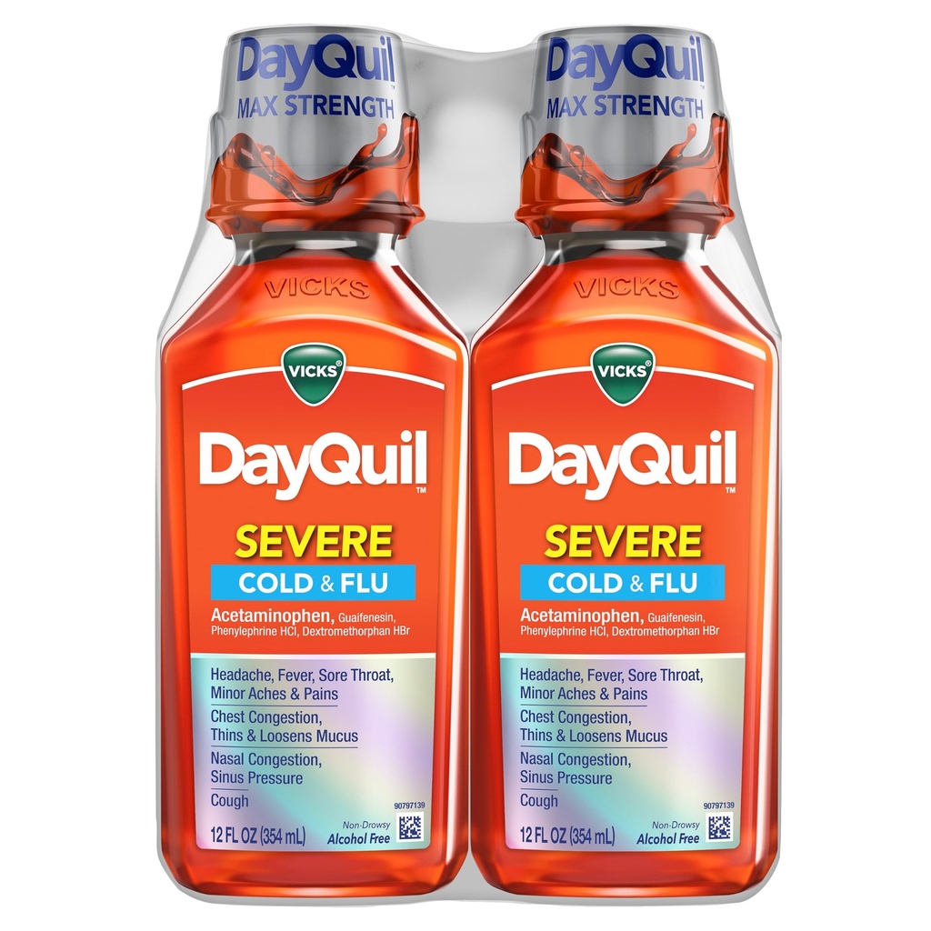 Vicks DayQuil PAST Cold & Flu Liquid Medicine, Daytime Relief for Headache, Fever, Sore Throat, Minor Ains, Chest Contable, Stuffy Nose, Nasal Contrable, Sinus Pressure, & Cough, 2x12oz