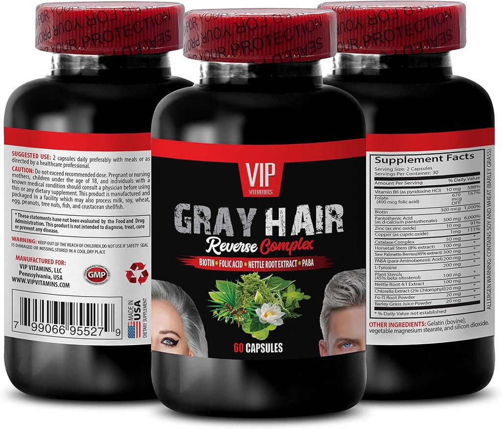 Saw Palmetto Mins Hair - Gray Hair Reverse Complex - Natural Solution - Hasil yang Kuat, Pria Rambut Abu-abu, Biotin Vitamin untuk Rambut dan Nails, Supplemen Paba, Supplemen Rambut Abu abu-abu, 1 Bot 60 Caps