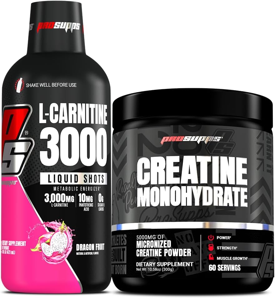 PROSUPPS L- Carnitine 3000 Stimulant Free Liquid Shots (31 Servings, Dragon Fruit) dan Creatine 300 Monohydrate (60 Pelayan) Bundle