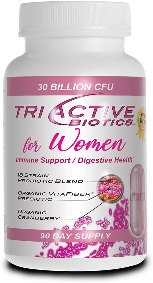 "Triactive Biotics for Women" - Programs for Women with 18 Strains, Organic VitaFiber Prebiotic & Cranberry to Digetical Support, Immune Defense, Vaginal Health - 90 Kapsul