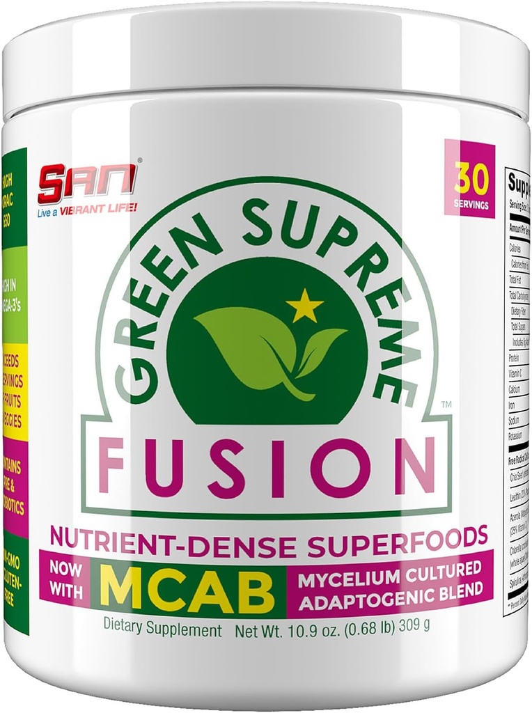 Fusid Agung Hijau SAN Blend Antioksidan: Super Greens Smoothie Mix dengan Spirulina, Chlorella, Adaptogenic Jamur, 30 Hamba