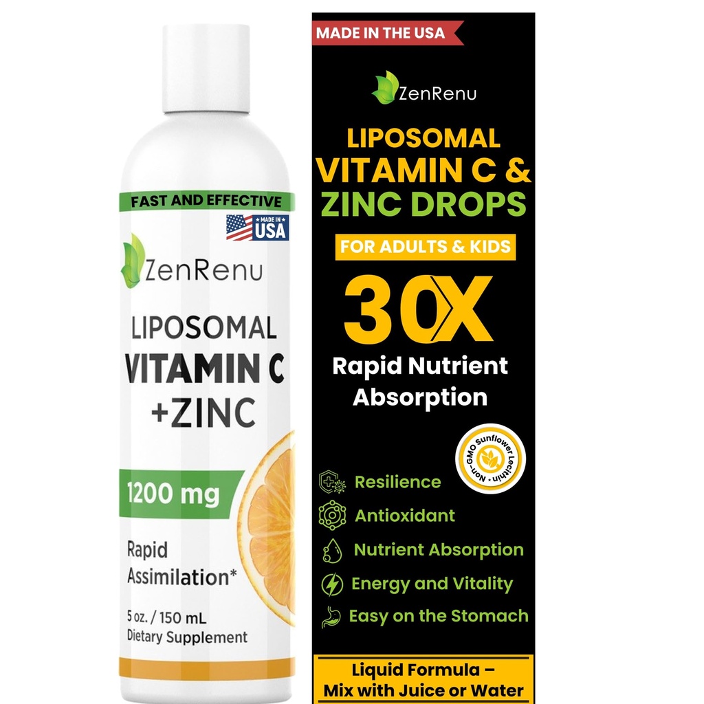 Zenrenu Lipomal Vitamin C dan Zinc Liquid Drink untuk Orang Dewasa & Anak-anak - Lesit Bunga Matahari Non GMO - Max Antioksidant & Imune Dukungan, 5 oz / 150 ml