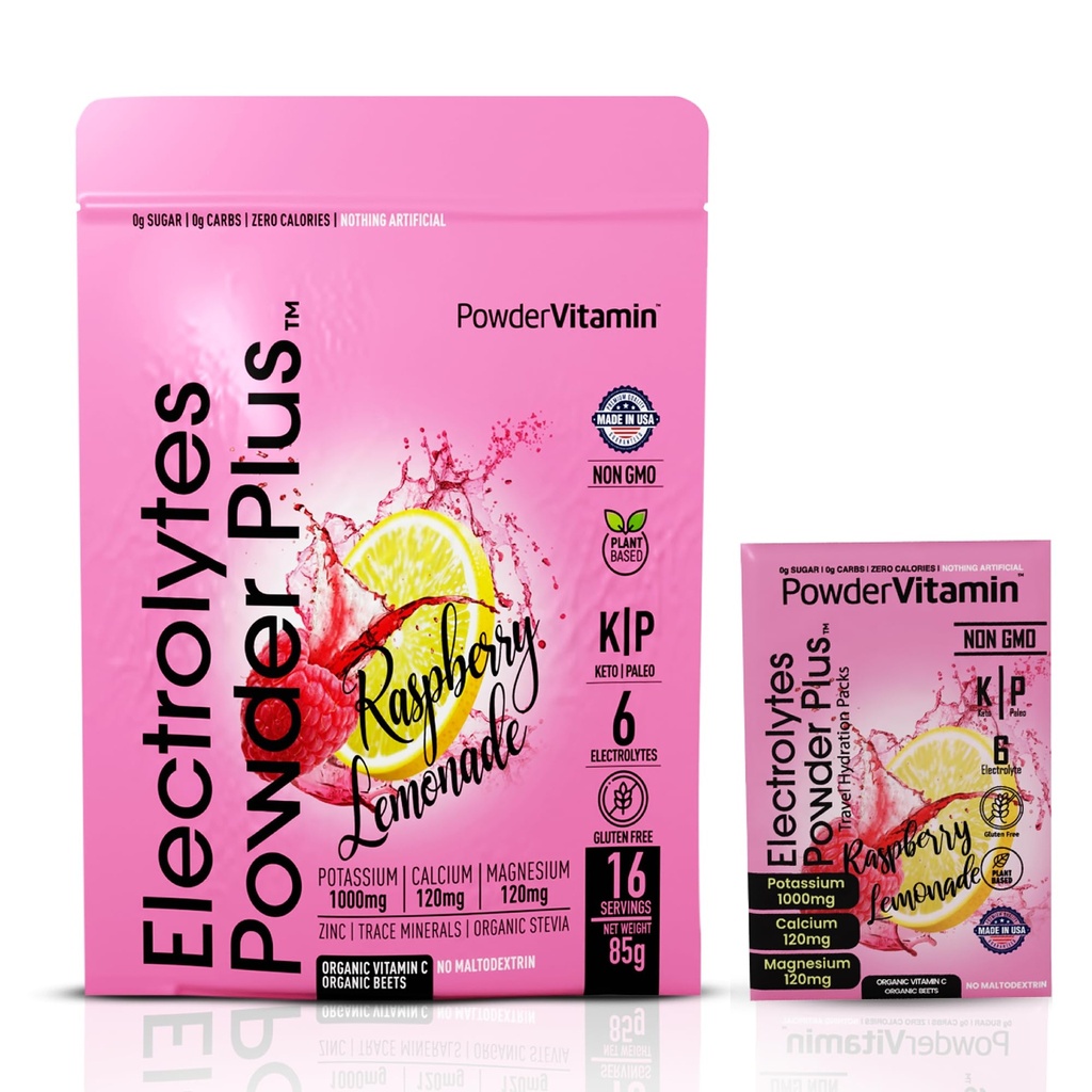 PowderVitamin Electrolytes Powder Plus, Keto, Raspberry Lemonade, Sugar Free, Pink Himalaya Salt, 1000mg Potasium, 120 mg Calcium, 120 mg Magnesium, Nor-GMO, Zero Calories, 16 Paket Hidration)