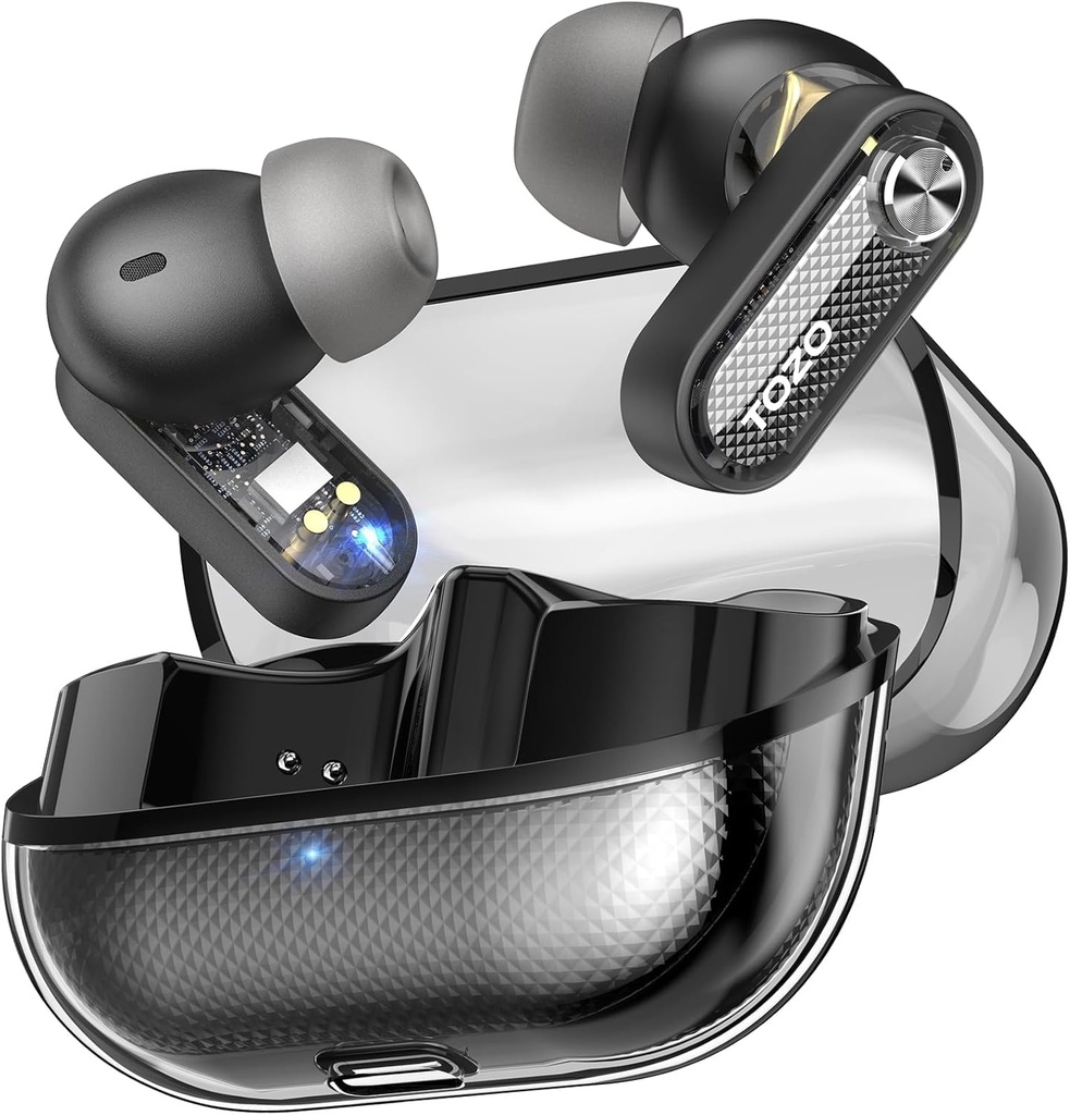 TozO Crystal Pods Hybrid Active Noise Cancelling Wireless Earbuds, 10mm Driver Deep Bass Stereo Sound, 4 Mics Smart ENC AI Calls, 32 EQ via App, Bluetooth 5.4 Headphone, Crystal Case Design