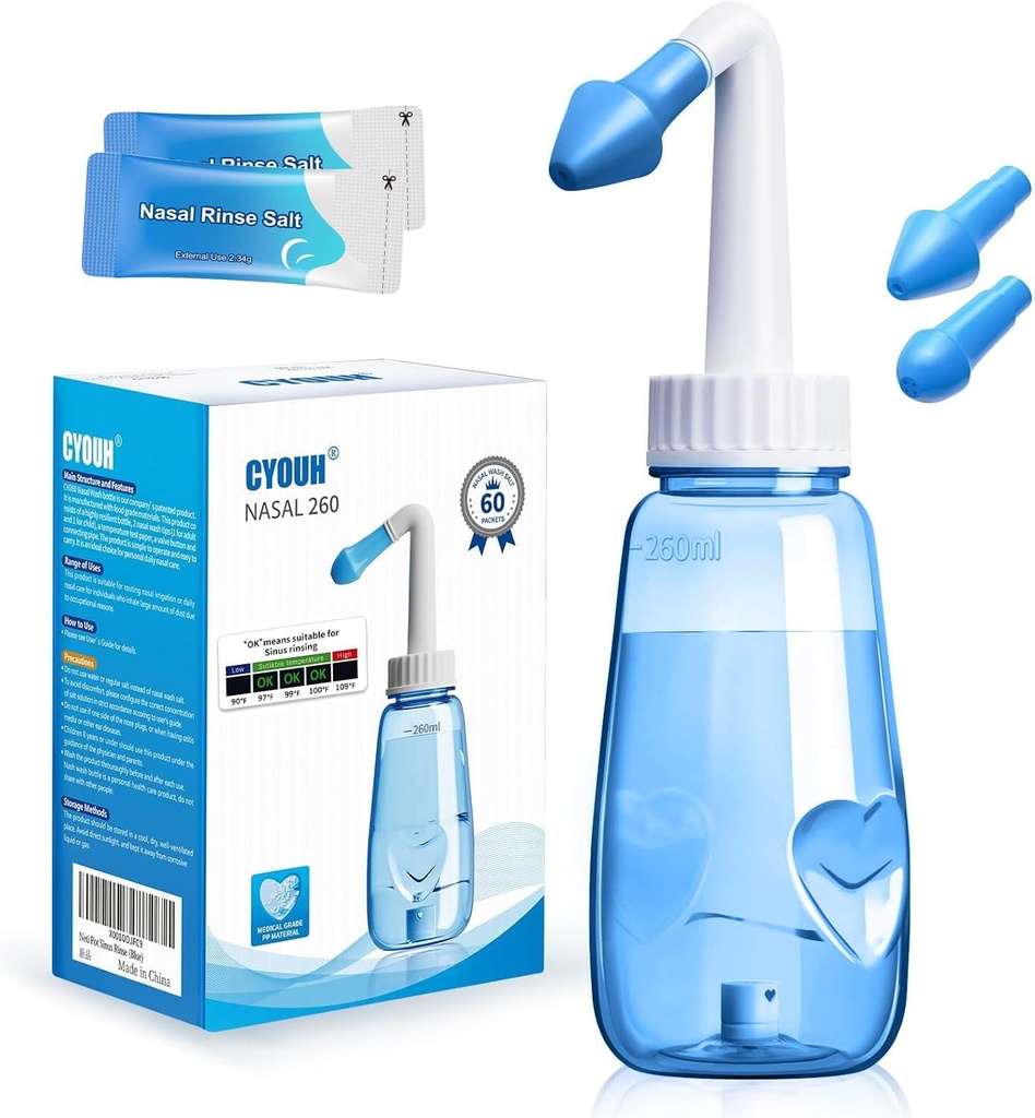Neti Pot Sinus Rinse Bottle 260 ML dengan 60 Nasal Wash Salt Packets and Sticker Thermometer Nose Cleaner Pressure Rinse Nasal Irrigation for Adult & Kid BPA Free (Blue)