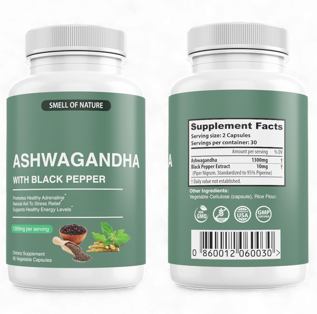 Nature 's Smell Organic Ashwagandha Suplemen dengan Black Pepper Extract - 1300mg Pure Ashwagandha Extract - Dukungan Energi - Non-GMO, Gluten- Free, Vegan - 60 Capsules
