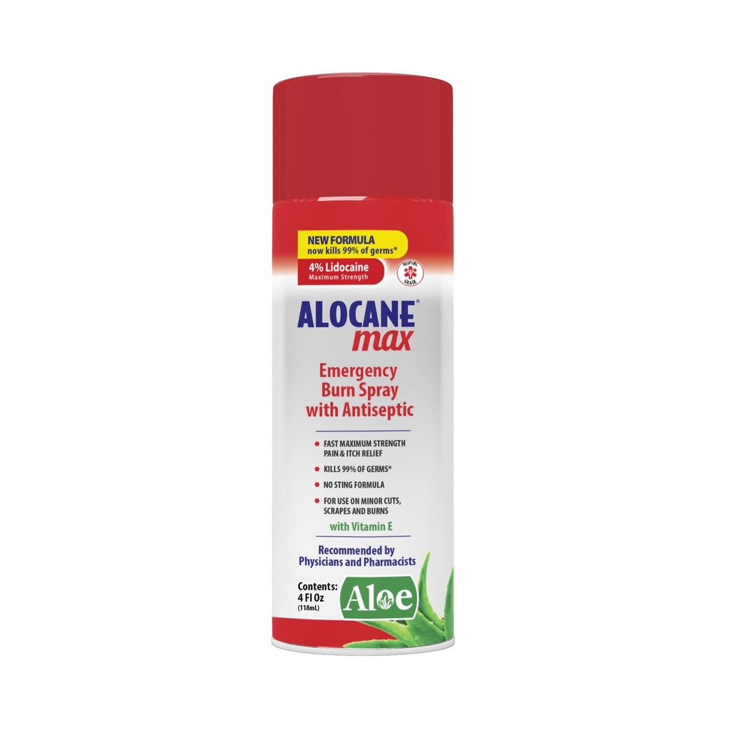 ALOCANE Emergency Burn Spray, 4% Lidocaine Max Kekuatan Bantuan Sakit Cepat untuk Minor Burns, Sunburn, Dapur Pertama Aid Treatment Burn Care, 4 Fl Oz