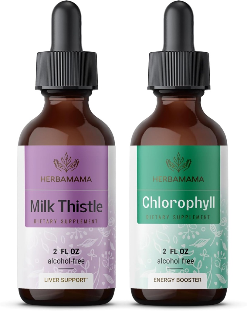 HERBAMAMA Herbal Liquid Drops Kit - Bundle of Milk Thistle Extract 2 quid oz and liquid Chlorofil 2 oz - Vegan Suplemen Extract - non GMO, Sugar & Alcohol- Free - 2 Pack