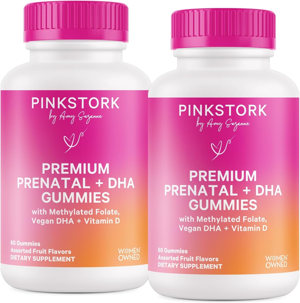 Pink Stork Premium Prenatal Gummy Vitamin dengan DHA, Flolate, dan Vitamin D - 60 Vegan Gummies - 2 Pack