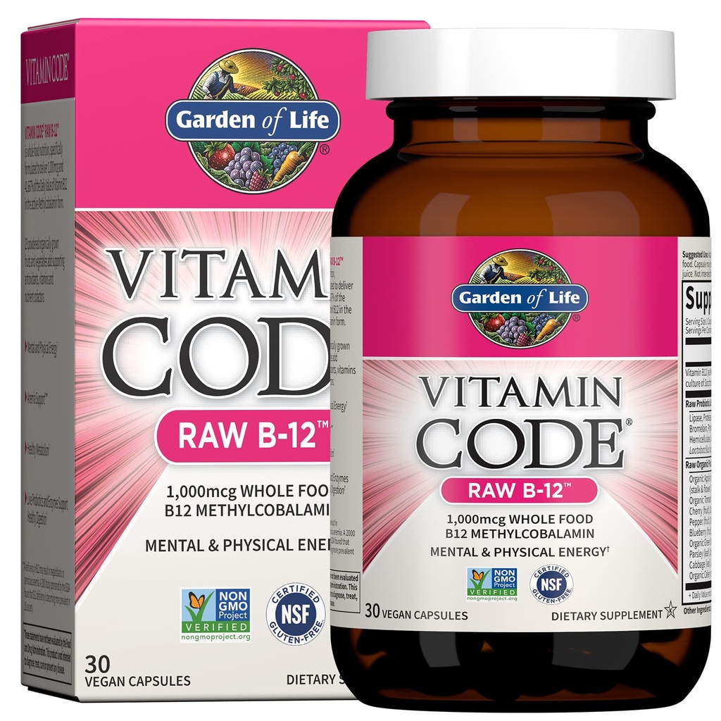 Garden of Life Vitamin Code Raw B-112 Kapsul, 1.000mcg Whole Food B12 Methylcobalamin for Energy, Vegan Methylcobalamin Vitamin Plus Progories dan Enzymes, Gluten Free Suplemen