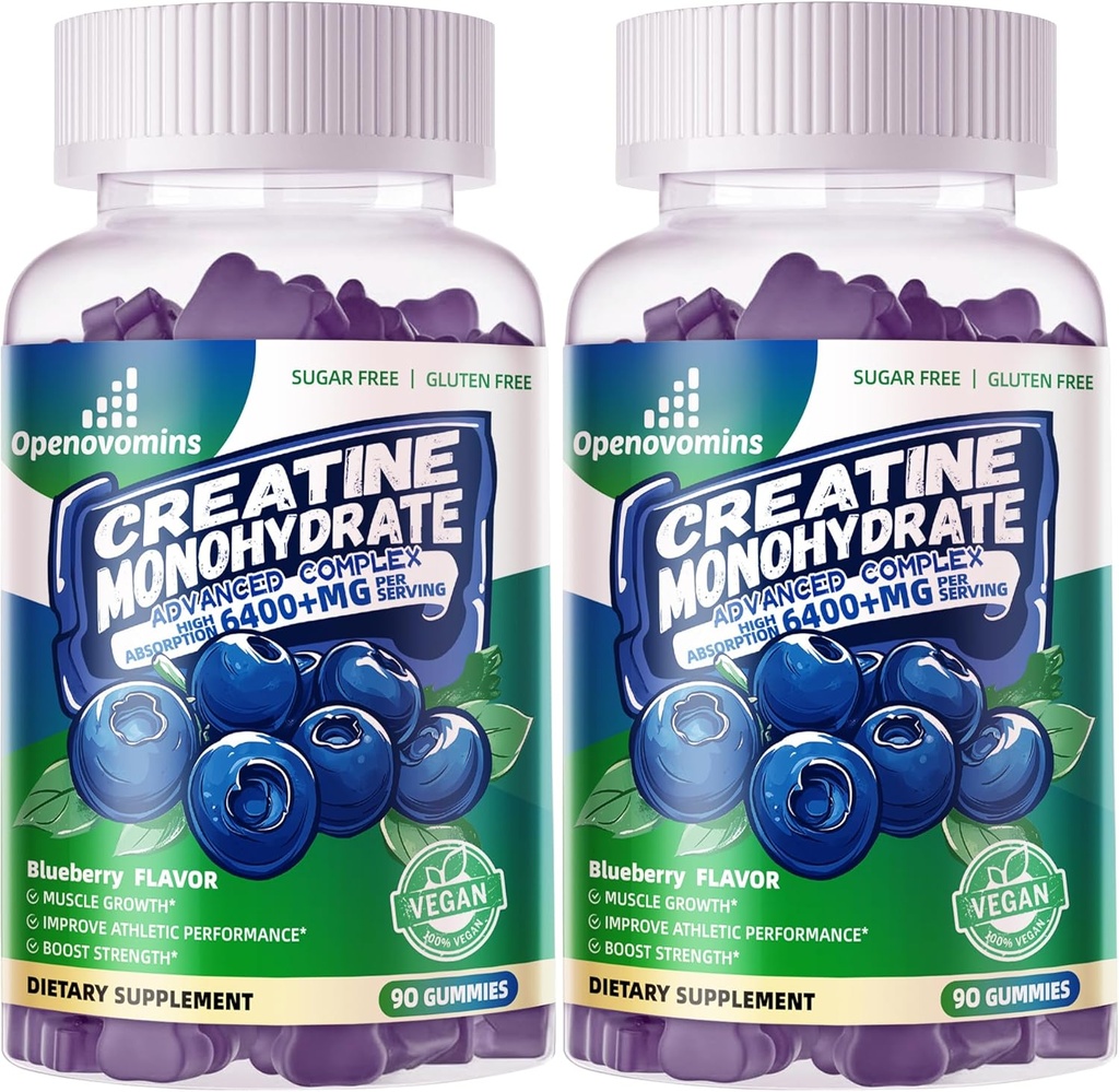 Creatine Monohydrate Gummies Complex for Men & Women -Advanced Formula W / L-Taurine + Vitamin B12, Sugar Free Chewable Supplemen, 180 Blueberry Gummies 2pack