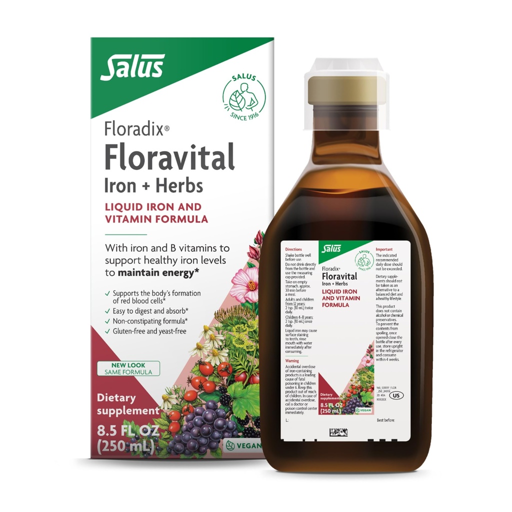 Floradix Floravital Cair Iron & Vitamin Formula - Liquid Iron Suplemen dengan C & B Vitamin & Herbs untuk Dukungan Energi - Vegan, Gluten- Free, Yeas- Free & Non-GMO - 8.5 Fl Oz