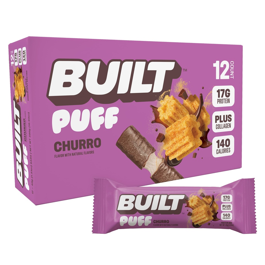 Bar Built, Puff Protein Bars, Churro Puff, 17g Protein Snacks, On- TheGo Bars, Only 140 Calories & 6g Sugar, Collagen, Gluten Free, 12 Count