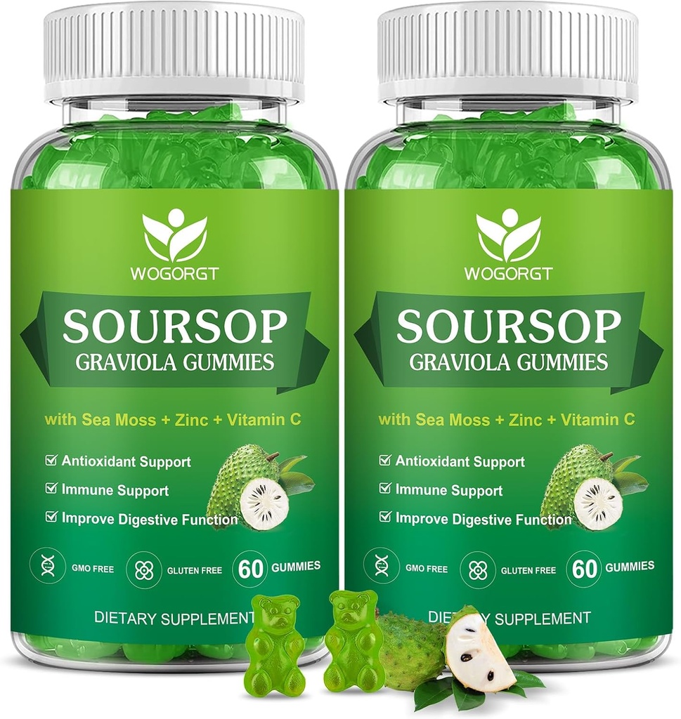 Soursop Graviola Gummies with Sea Moss Extract - Antioksidant, Cell Support & Regeneration, Imune, Soursop Gummy with Sea Moss, Vitamin C & Zinc, Apple Flavor - 60 Gummi (2 Pack)