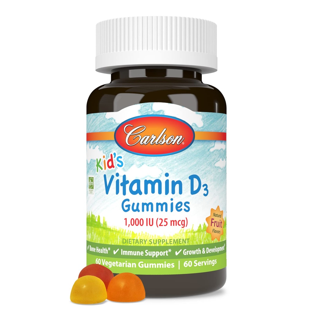 Carlson - Kid Vitamin D3 Gummies, 1000 IU (25 mcg), Bone Health & Imune Dupport, Growth & Development, Vitamin D Gumin, D3 Gummy Vitamin, Natural Fruit Flavors, 60 Vegetarian Gummies
