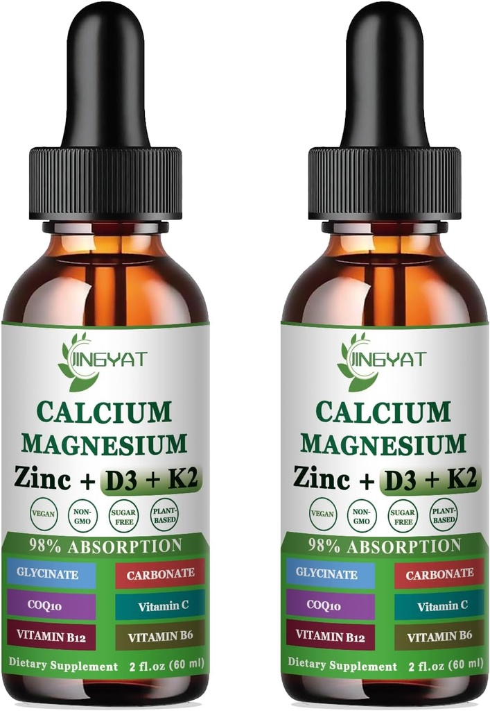 Kalsium Magnesium Zinc Liquid Drops, Liquid Magnesium Glycinate 500mg Kalsium 1000mg dengan Vitamin D3, K2, B6, B12, Coq10.6X Lebih Kuat dari Gummies Capsules (2 Pack)