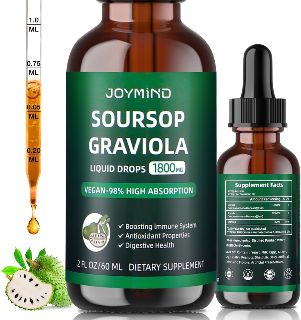 Graviola Soursop Extract Liquid - Soursop Bitters Liquid, Ammune Boost, Relax, Liver and Sleep, Vegan, Sugar & Gluten Free, 98% Absorpsi Rate Natural Flavor, 2 Bulan Supply 60ML