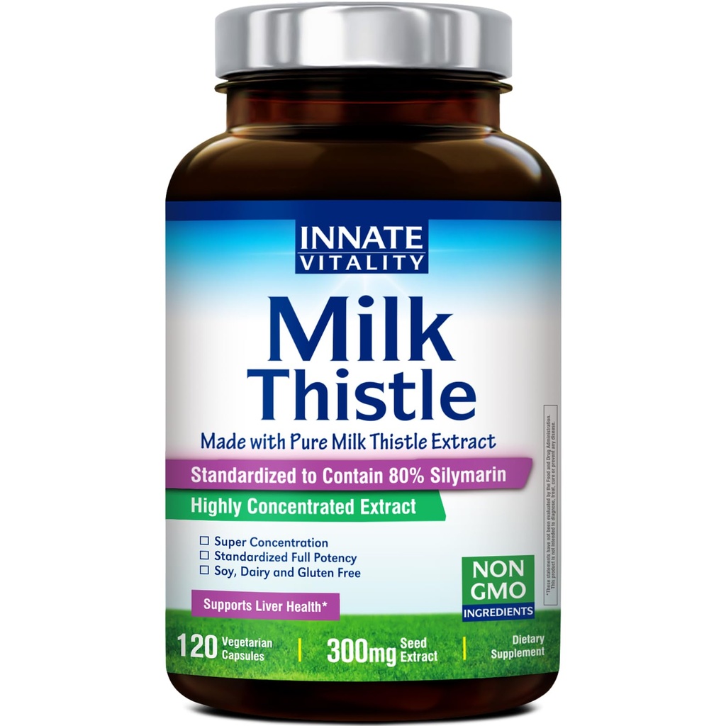 Innate Vitaity Organic Milk Thistle Suplement, 300mg Extract, 80% Silymarin Flavonoid, Kesehatan Hati, Detox & Cleansing, Dibuat di Amerika Serikat, Non-GMO, 120 Veggie Capsules