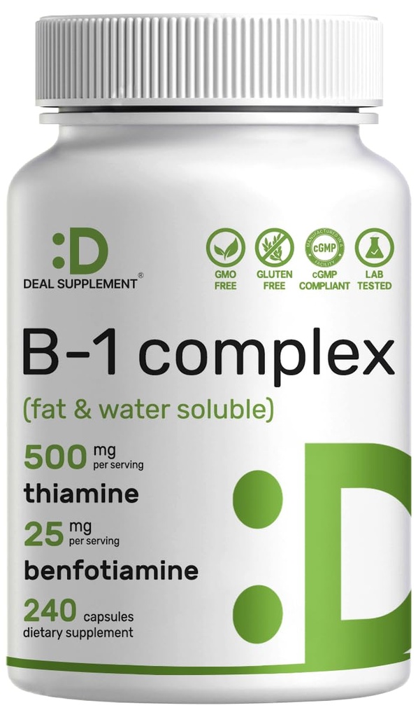 DEAL SUPLEMENT Vitamin B1 500mg dengan Benfotiamine, 240 Capsules - 2 dalam 1 Enhanced Formula - Fat & Water Soluble Thiamine B1 Suplemen - Pihak Ketiga Teruji, Non-GMO, No Gluten