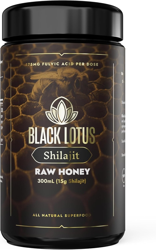 Black Lotus Pure Shilajit Resin Raw Honey Liquid Tincture, 100% Pure Natural Shilajit untuk Pria & Women, Amino Acids, 175mg Fulvic Acid, 85 Ionic Trace Minecure, Untuk Dukungan Imune, Fokus, Energi