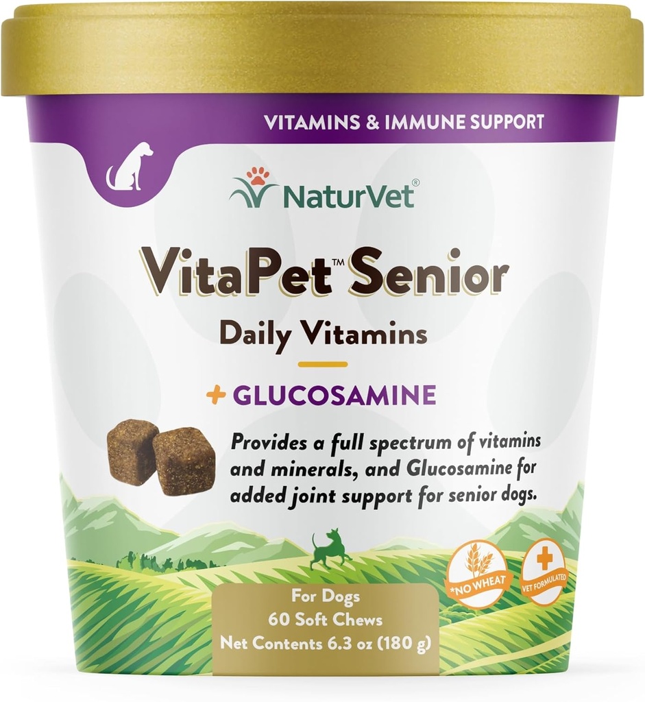 AboVet VitaPet Senior Daily Vitamin Plus Glucosamine for Dogs, 60 ct Soft Chews, Made in The USA with Globi Source Ingreinations