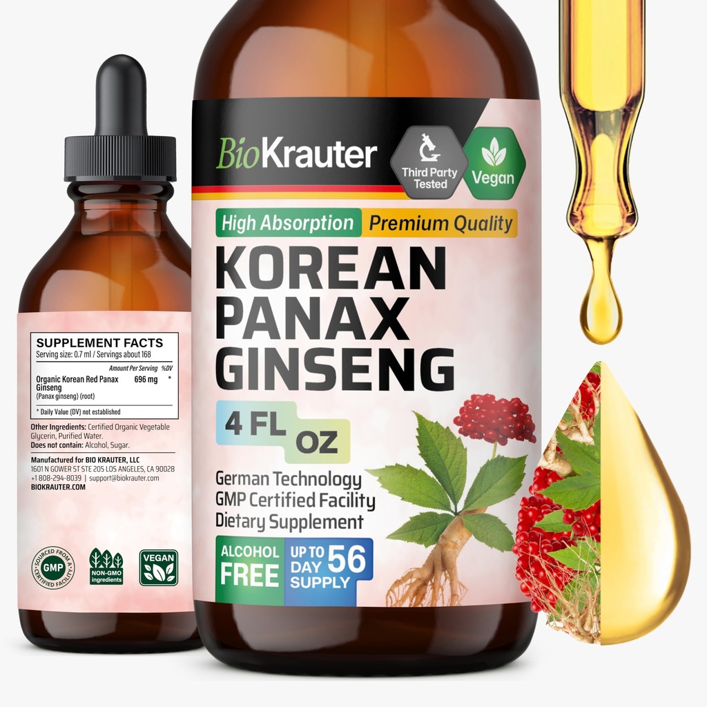 BIO KRAUTER Korea Ginseng Ekstrak Liquid - Alkohol & Gula Free Panax Tambahan - Vegan Immune Supplemen - 4 Fl. Oz.