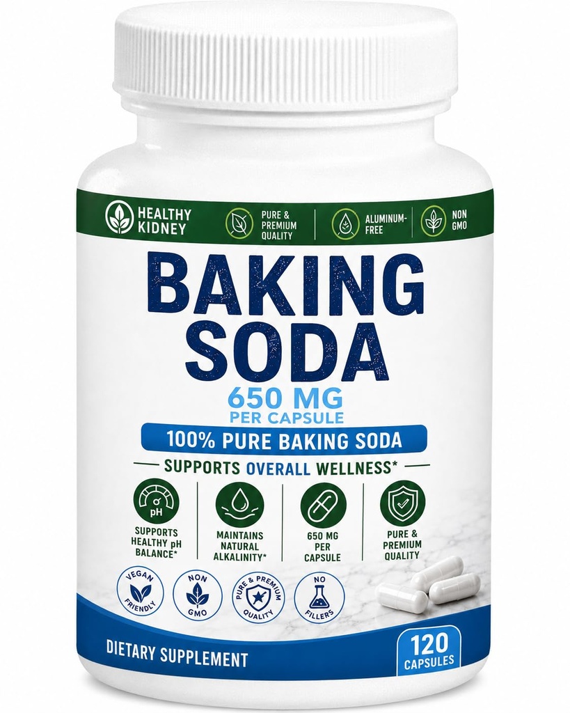 Natural Baking Soda Capsules - 650mg Baking Soda Tablet untuk Kidney & Stomach Acid - Sodium Bikarbonat Pill, Bikarbonat of Sokarbonat de Sodio para Tomar, Sodium Bikarbonat 650 mg Tablet