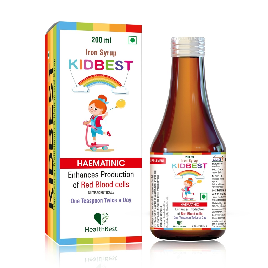 HealthBest Liquid Iron Syrup for Kids - Triple Action with Folic Acid and Zinc - Boosts Hemocth, Appetite, and Imunity - No Metalic Taste - 200ml Liquid Suplemen, Safe & Efektif